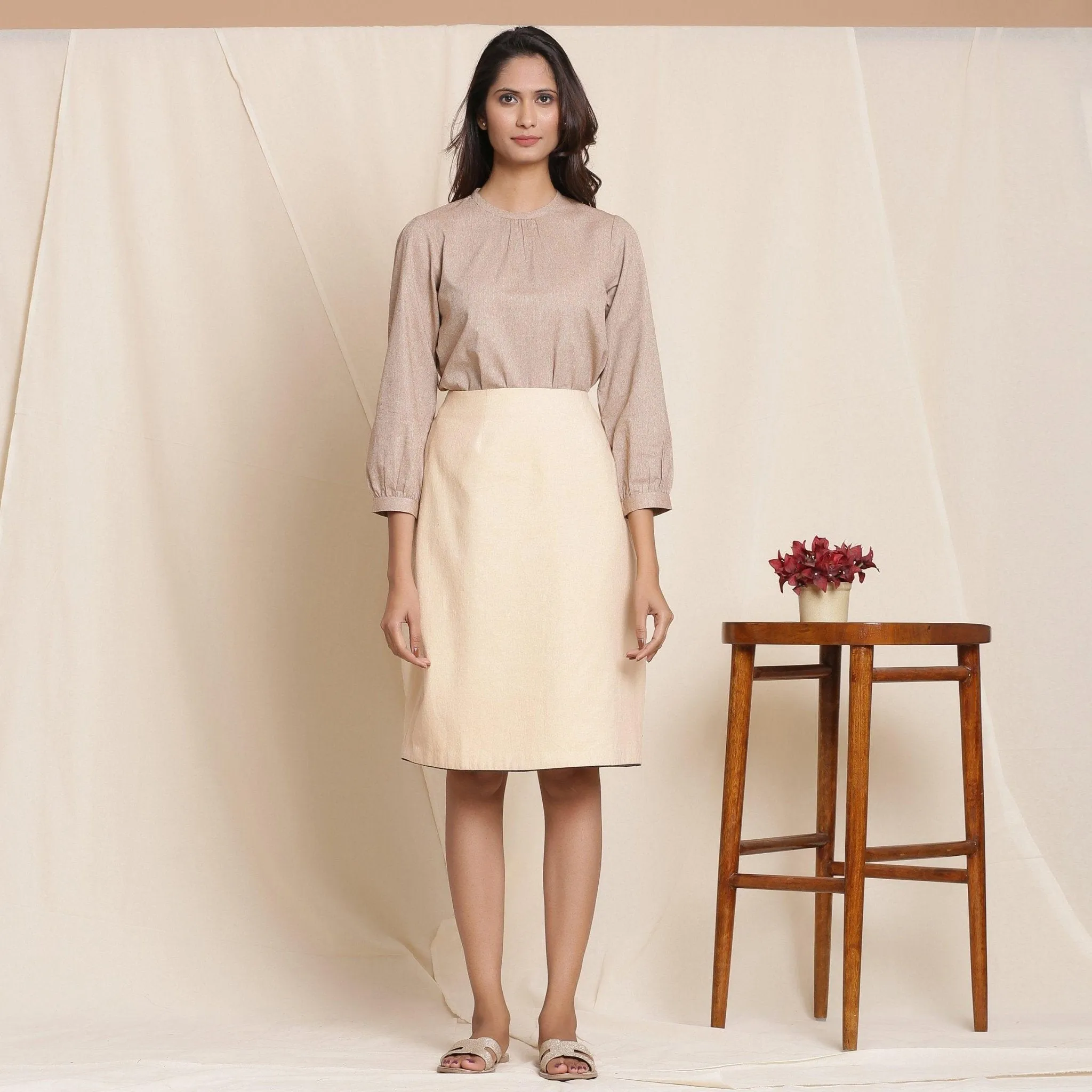 Dusk Beige Warm Cotton Flannel Knee Length Pencil Skirt