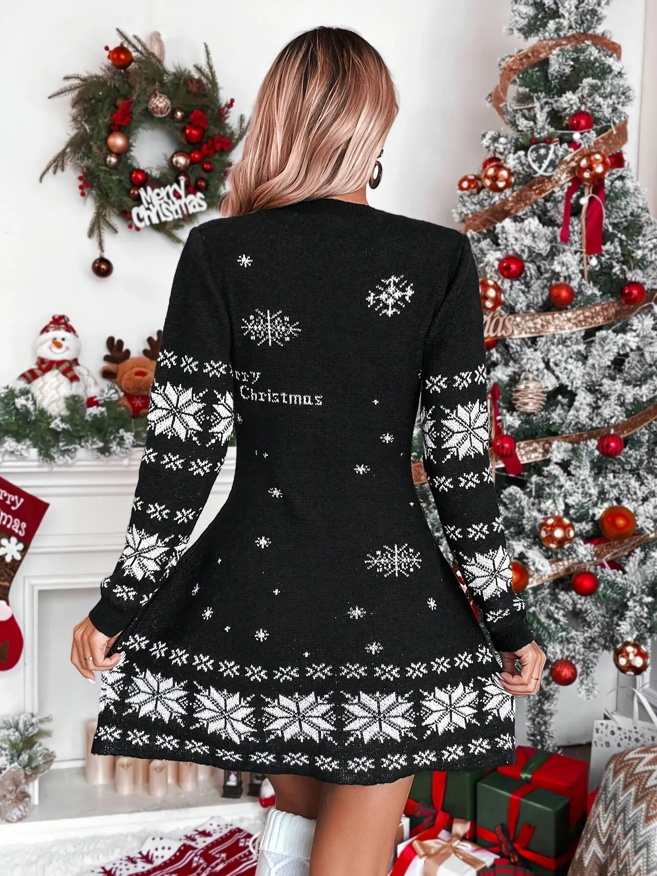 Elegant Christmas Sweater Dress for Women - 100% Polyester Knitted Fabric, Crew Neck, Festive Snowflake Pattern, Long Sleeve, A-Line Silhouette