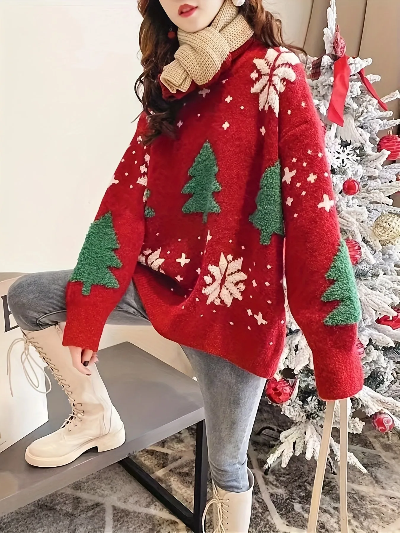 Elegant Christmas Tree Pullover Sweater for Women - 100% Polyester Knit Fabric, Crew Neck, Regular Fit, Festive Pattern, Comfortable for Fall/Winter - Middle East Collection