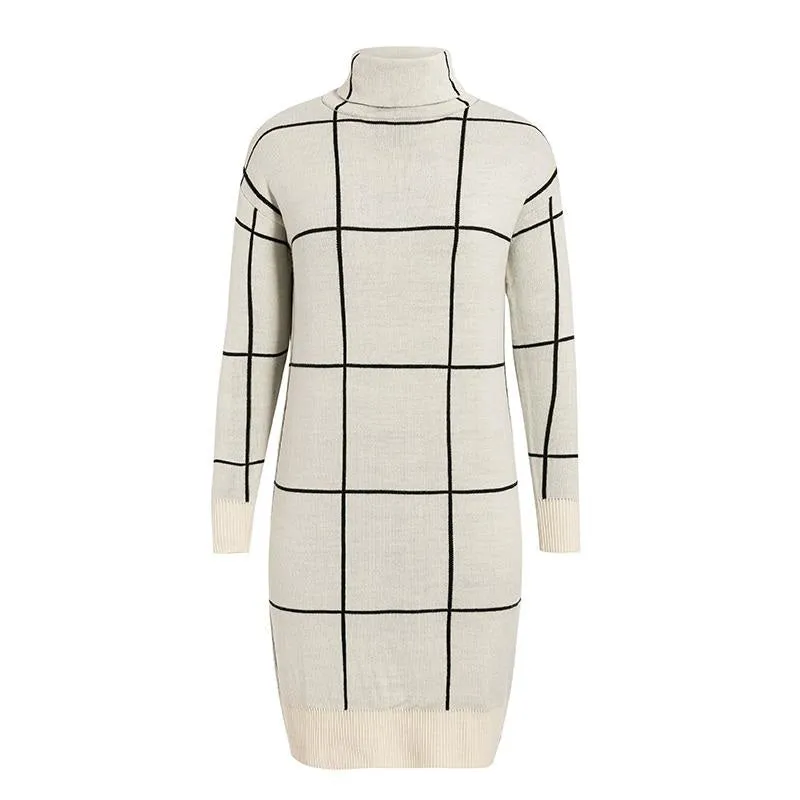 Elegant Knitted Long Sleeve Turtleneck Plaid Winter Office Pullover Sweater Dress