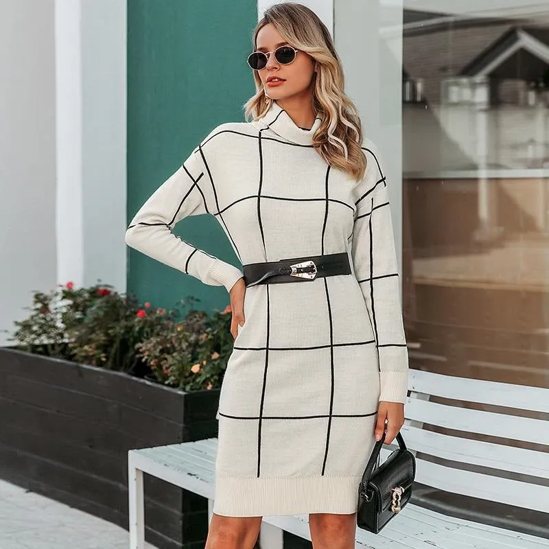 Elegant Knitted Long Sleeve Turtleneck Plaid Winter Office Pullover Sweater Dress