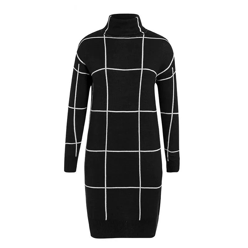 Elegant Knitted Long Sleeve Turtleneck Plaid Winter Office Pullover Sweater Dress