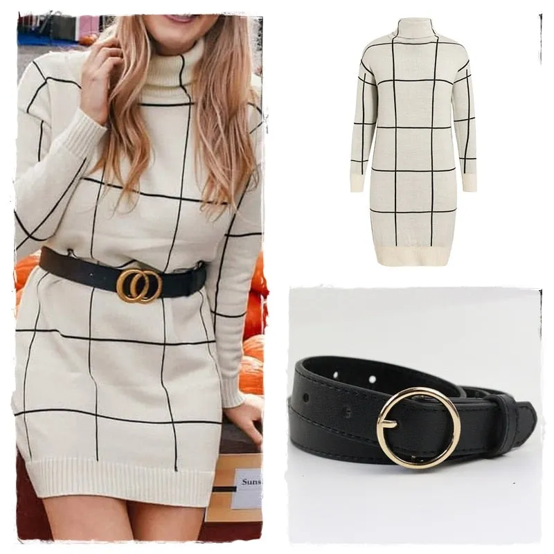 Elegant Knitted Long Sleeve Turtleneck Plaid Winter Office Pullover Sweater Dress