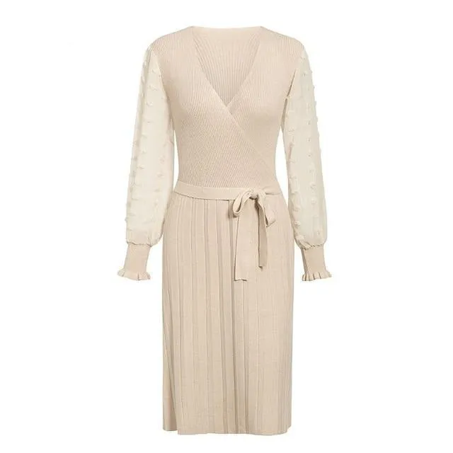 Elegant Knitted Sexy V-neck Long Sleeve Pleated Belted Sweater Slim Party Dress