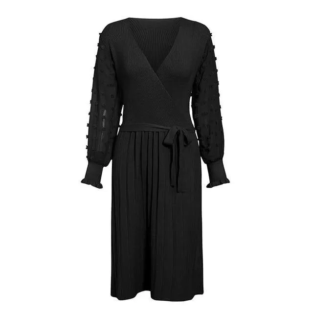 Elegant Knitted Sexy V-neck Long Sleeve Pleated Belted Sweater Slim Party Dress