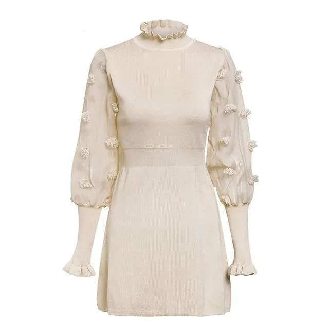 Elegant Knitted Sexy V-neck Long Sleeve Pleated Belted Sweater Slim Party Dress