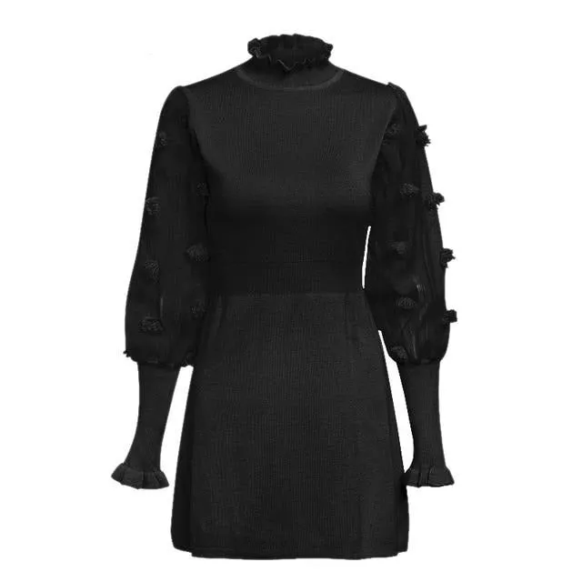 Elegant Knitted Sexy V-neck Long Sleeve Pleated Belted Sweater Slim Party Dress