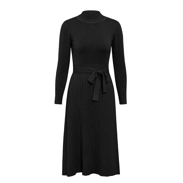 Elegant Knitted Streetwear Buttons Belt Bodycon Long Sleeve Office Turtleneck Maxi Sweater Dress