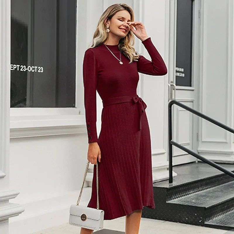 Elegant Knitted Streetwear Buttons Belt Bodycon Long Sleeve Office Turtleneck Maxi Sweater Dress