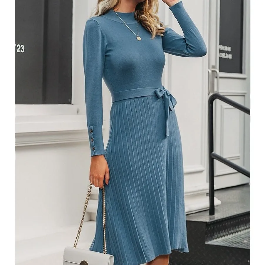 Elegant Knitted Streetwear Buttons Belt Bodycon Long Sleeve Office Turtleneck Maxi Sweater Dress