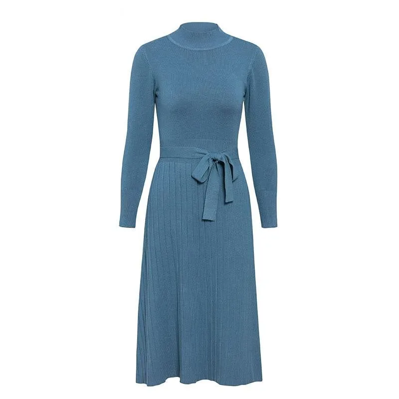 Elegant Knitted Streetwear Buttons Belt Bodycon Long Sleeve Office Turtleneck Maxi Sweater Dress