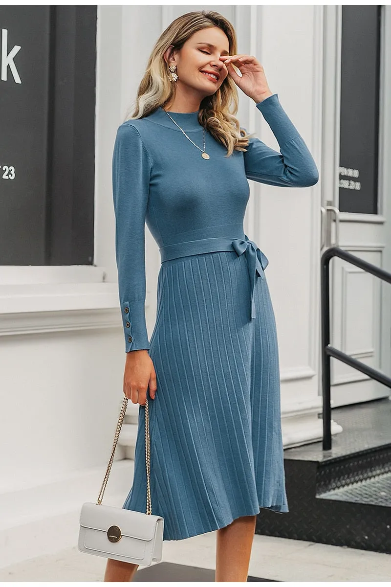 Elegant Knitted Streetwear Buttons Belt Bodycon Long Sleeve Office Turtleneck Maxi Sweater Dress