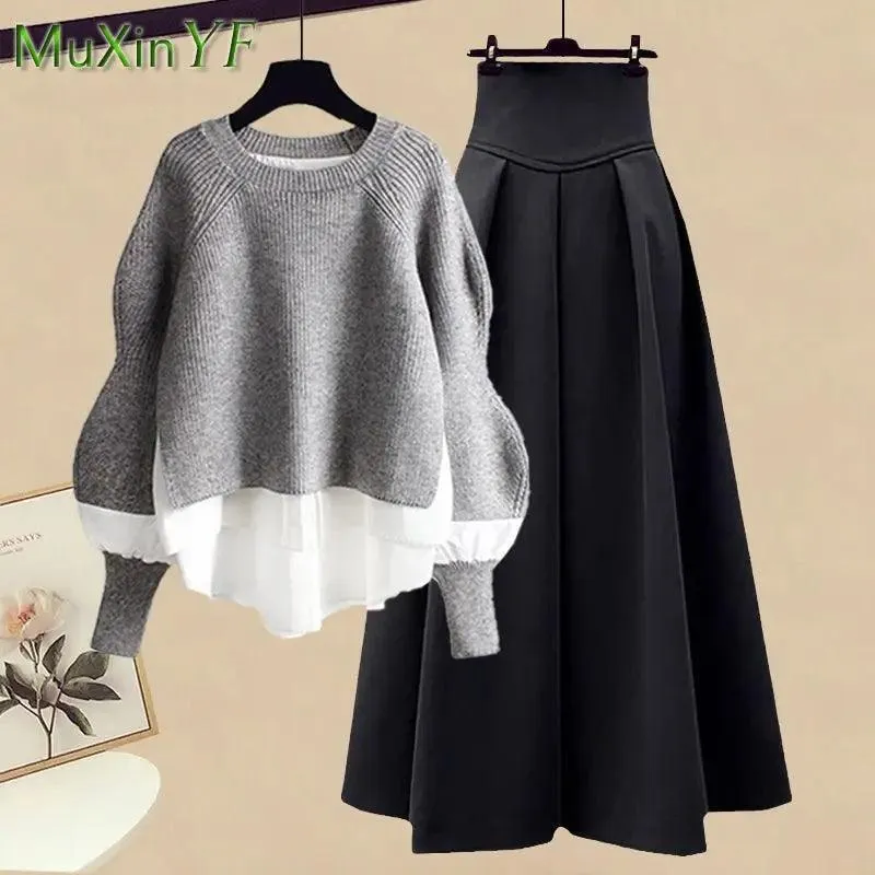 Elegant Korean Knit Sweater Dress & Skirt Set: Stylish Autumn Fashion