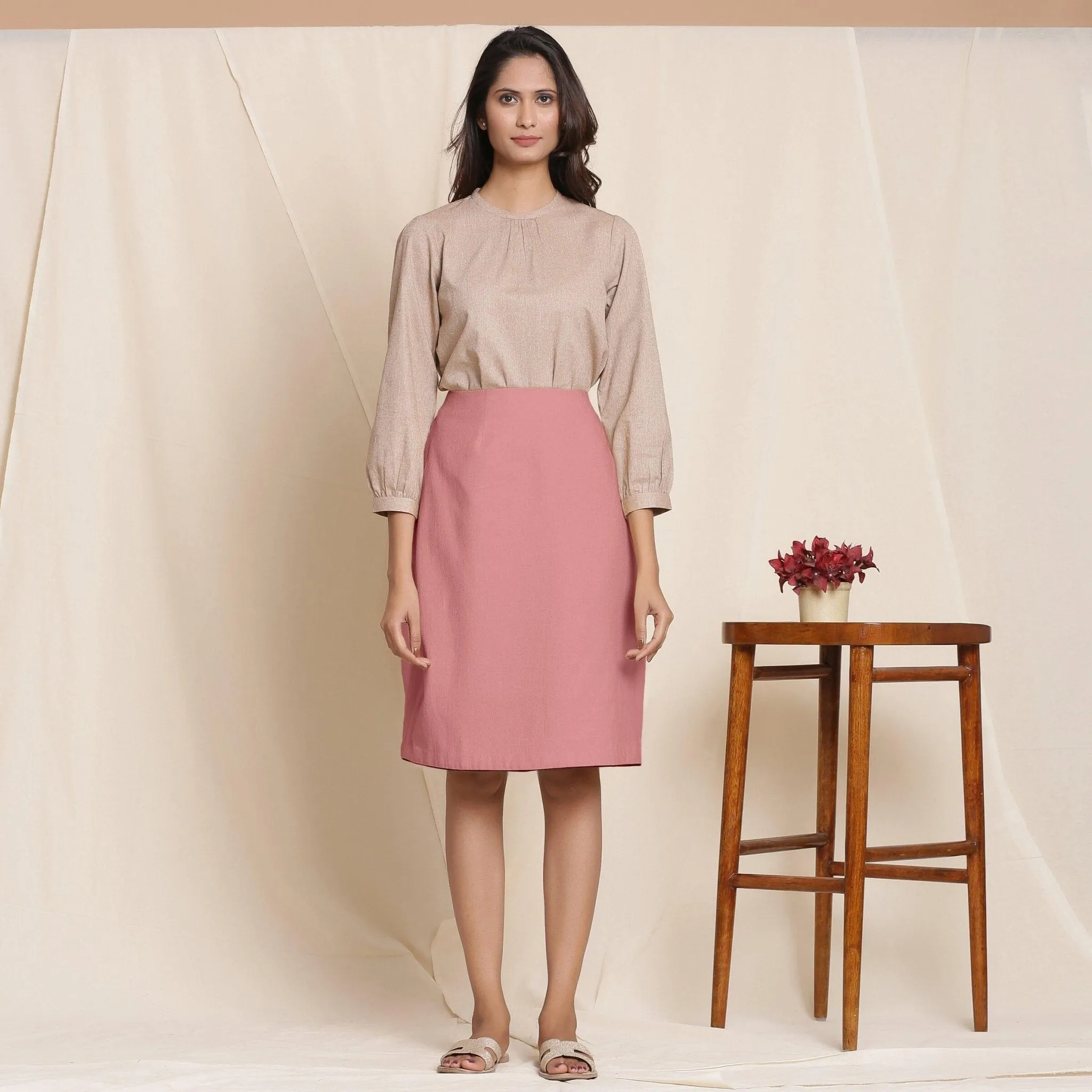 English Rose Warm Cotton Flannel Knee-Length Pencil Skirt