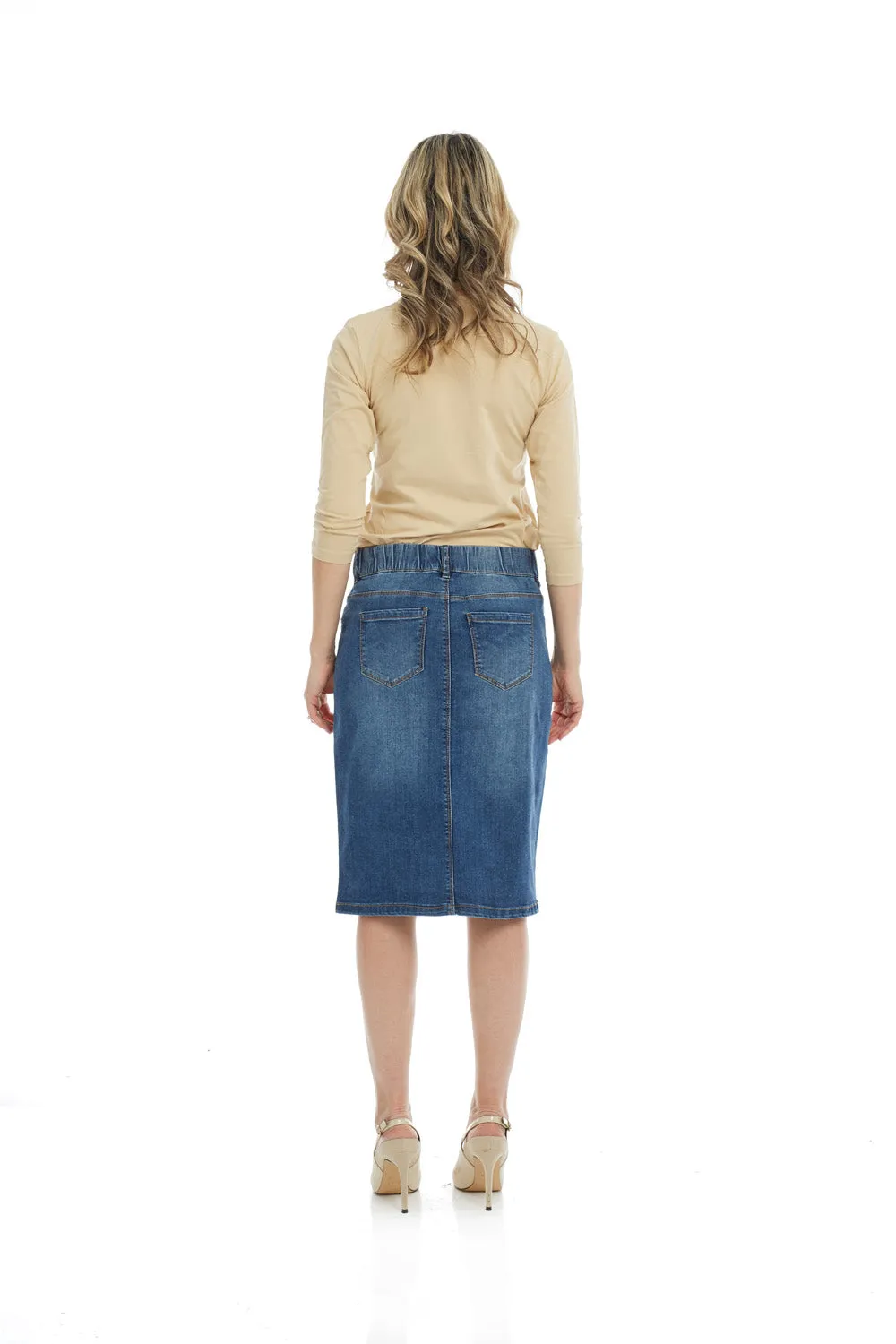 Esteez MANHATTAN Denim Skirt - Straight Knee Length Pull On Stretchy Jean Skirt for WOMEN - BLUE