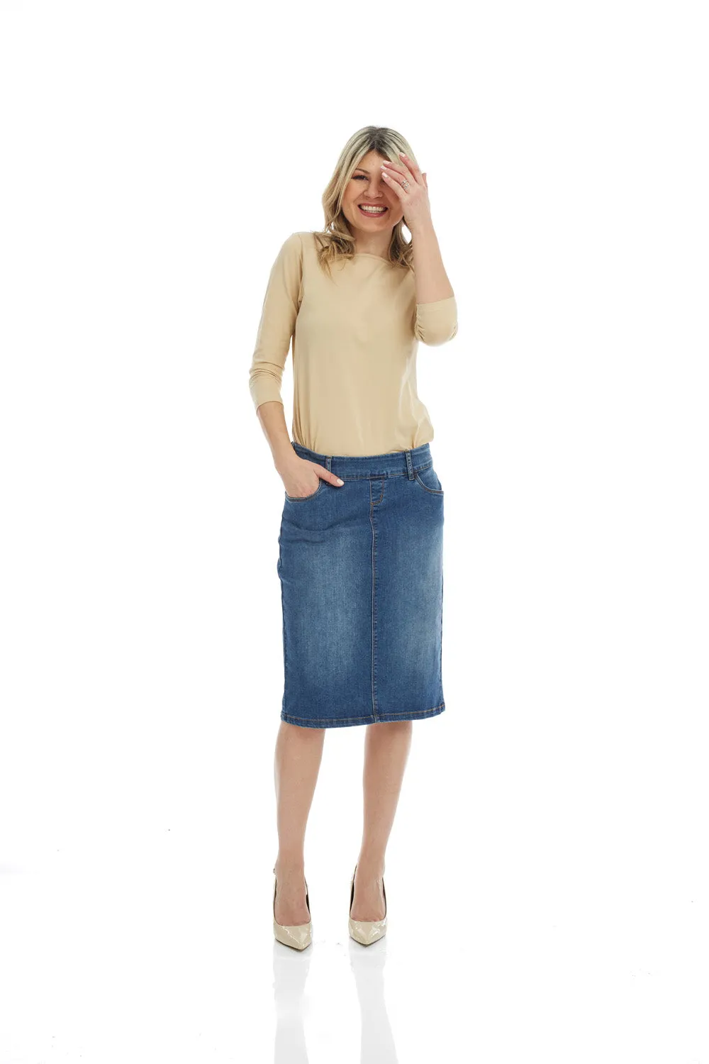 Esteez MANHATTAN Denim Skirt - Straight Knee Length Pull On Stretchy Jean Skirt for WOMEN - BLUE