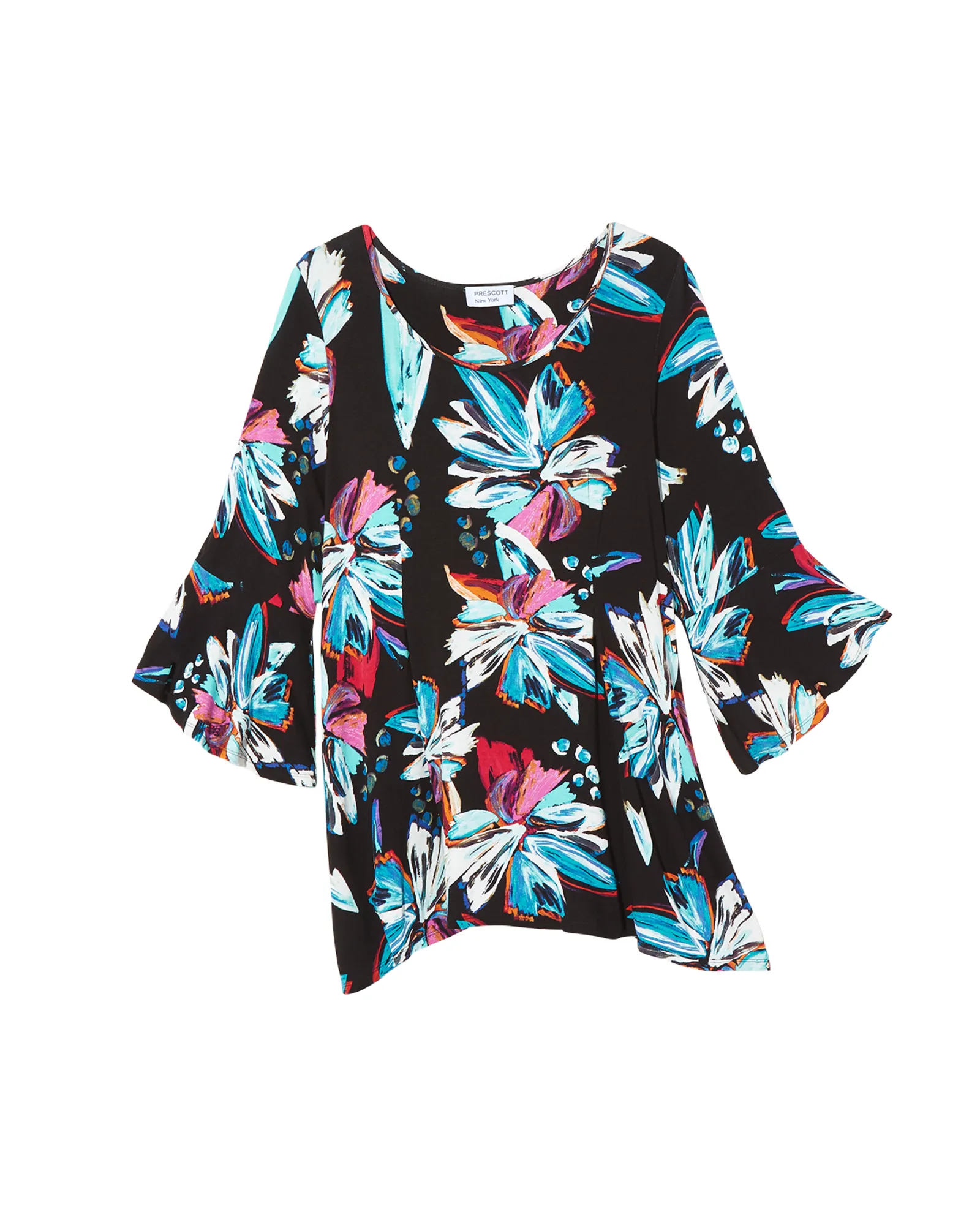 Evelyn 3/4 Flared Sleeve Top | Black / Light Blue