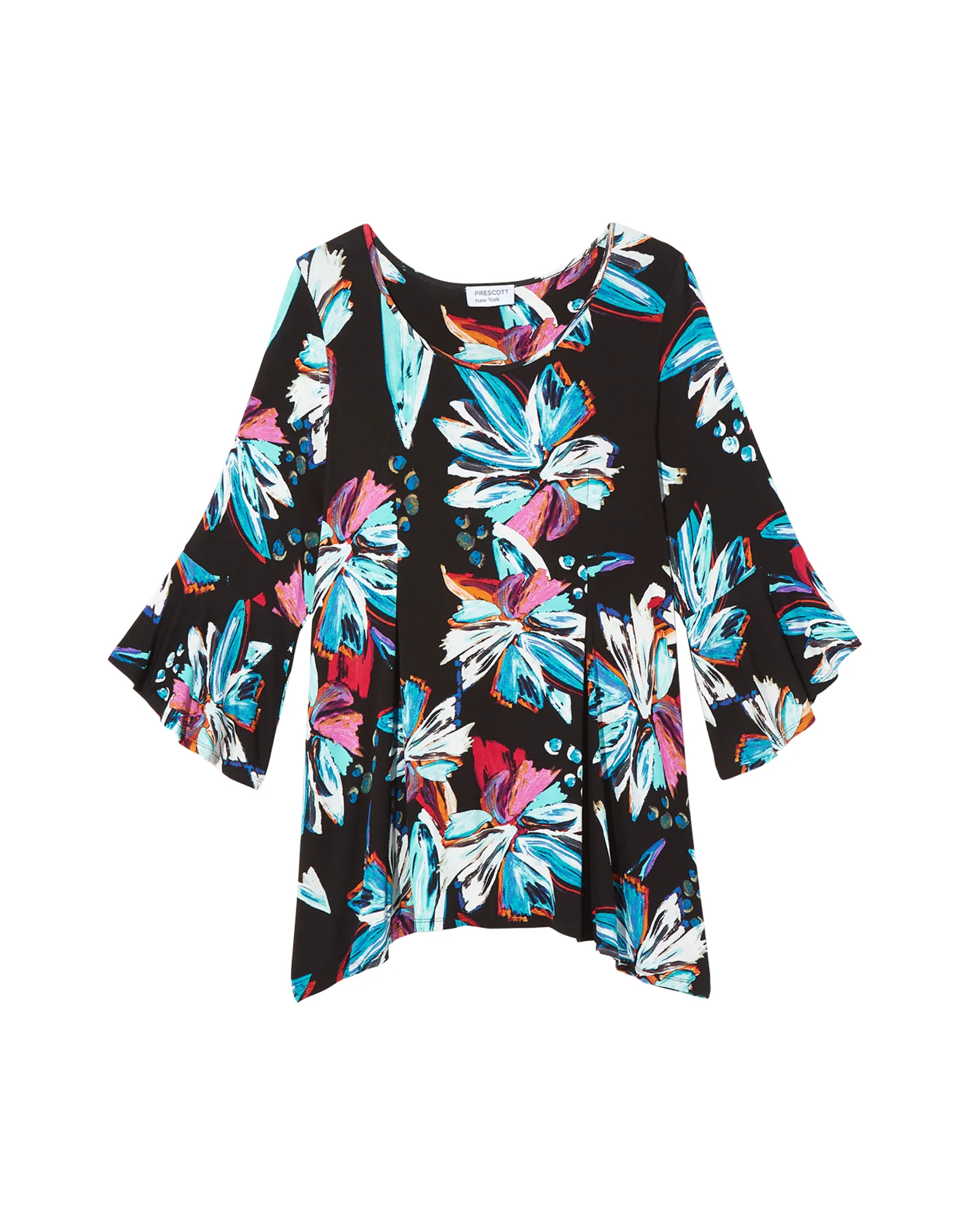 Evelyn 3/4 Flared Sleeve Top | Black / Light Blue