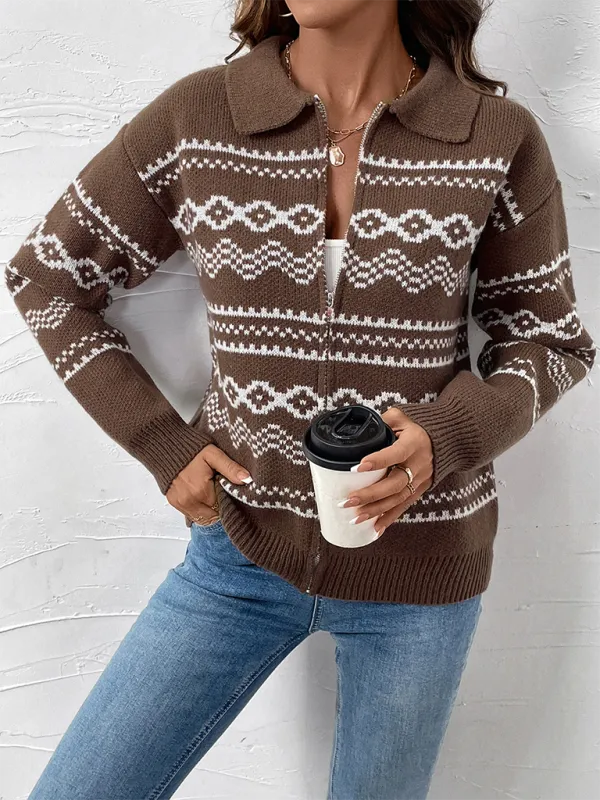 Fair Isle Zip-Up Cardigan for Fall & Winter