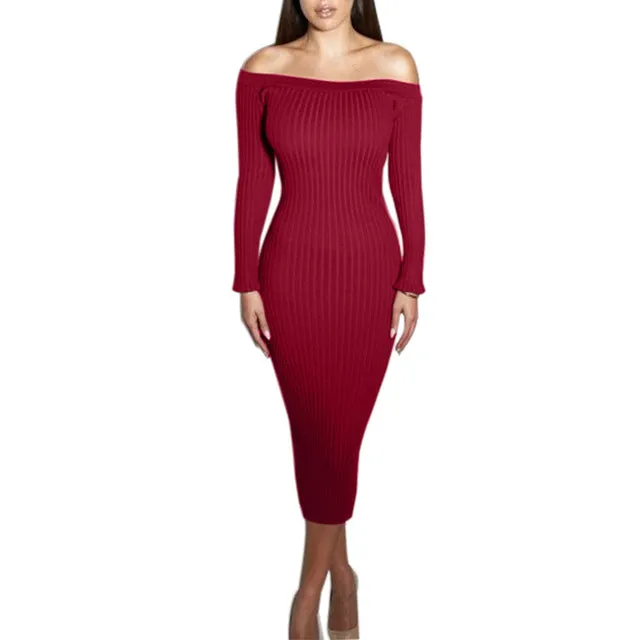 Fashion Long Sleeve Off Shoulder Slash Neck Sexy Club Women Dress Slim Bodycon Knitted Sweater Knee-Length Party Night Dresses