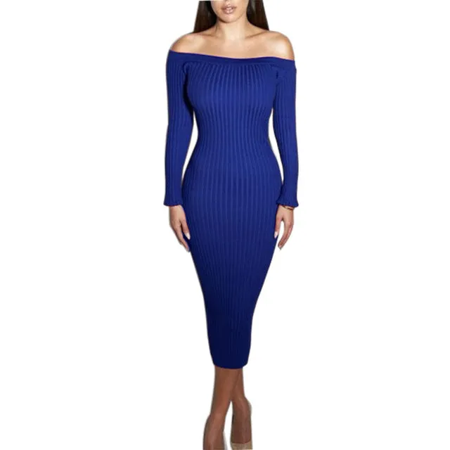 Fashion Long Sleeve Off Shoulder Slash Neck Sexy Club Women Dress Slim Bodycon Knitted Sweater Knee-Length Party Night Dresses