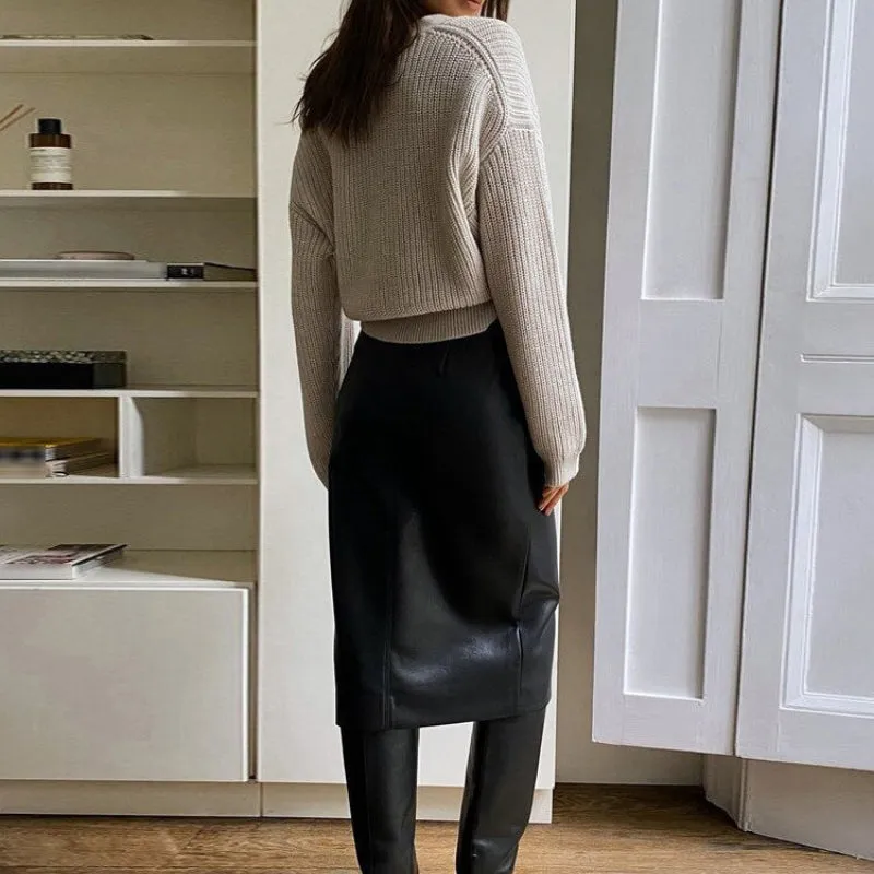 Faux Leather Front Slit Sophisticated Pencil Skirts