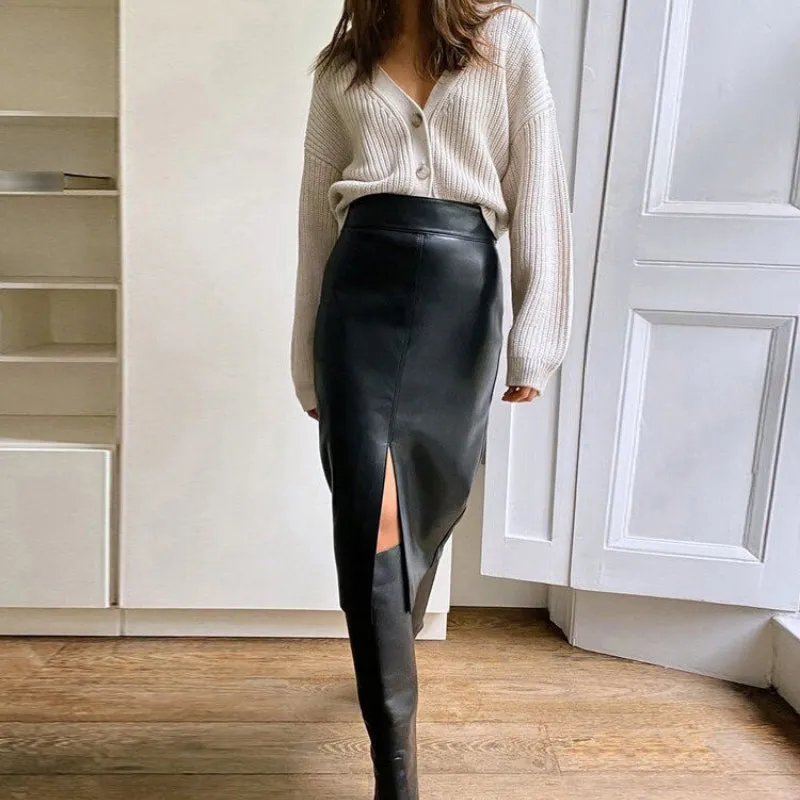 Faux Leather Front Slit Sophisticated Pencil Skirts