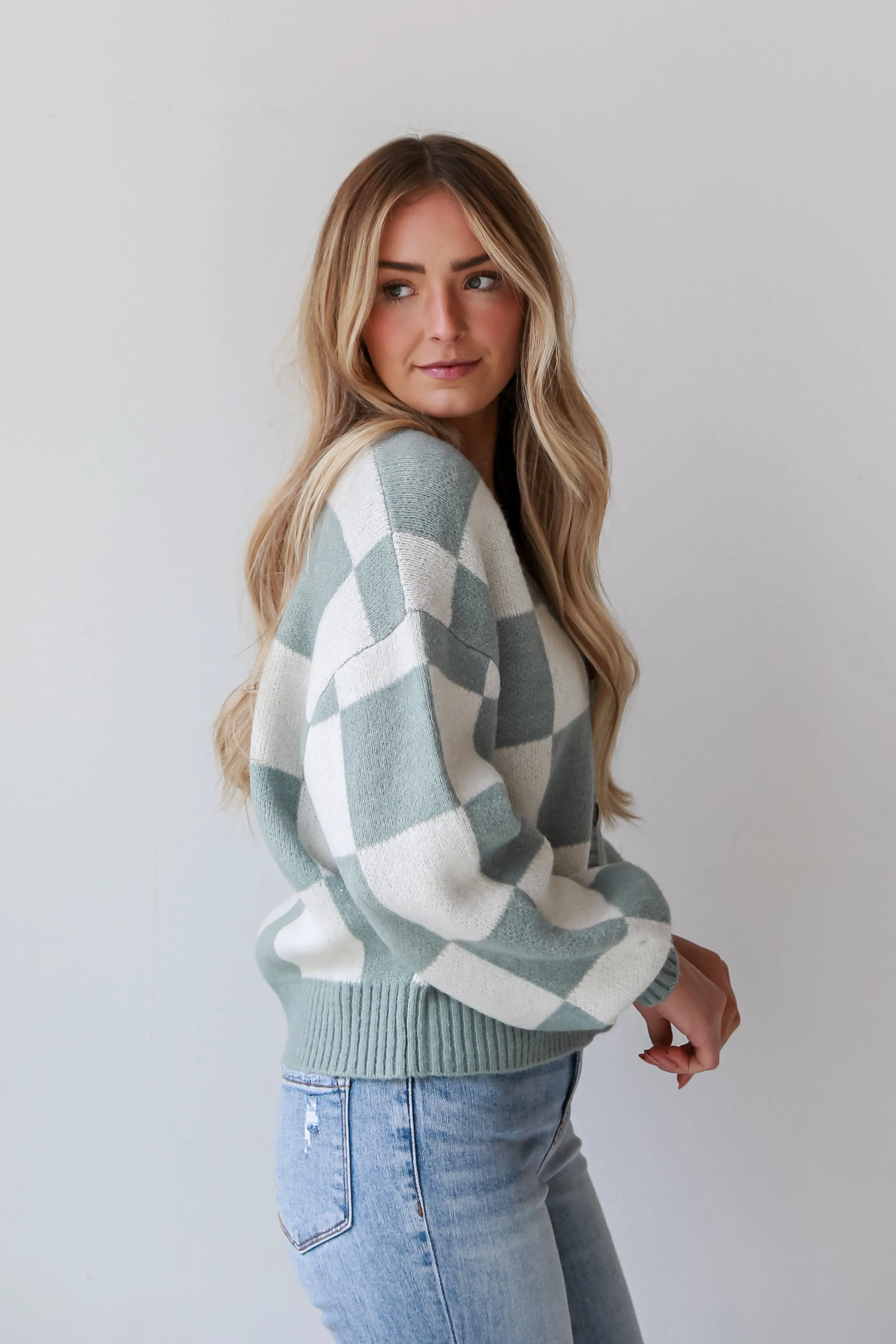 FINAL SALE - Victoria Sage Checkered Sweater Cardigan - DOORBUSTER