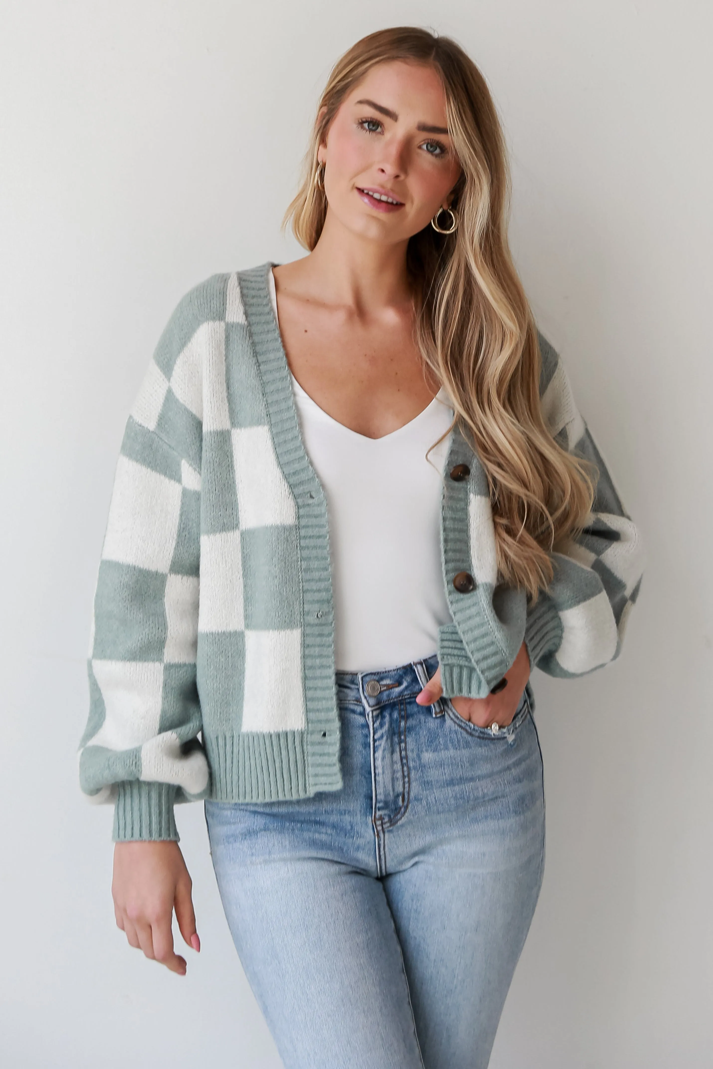 FINAL SALE - Victoria Sage Checkered Sweater Cardigan - DOORBUSTER