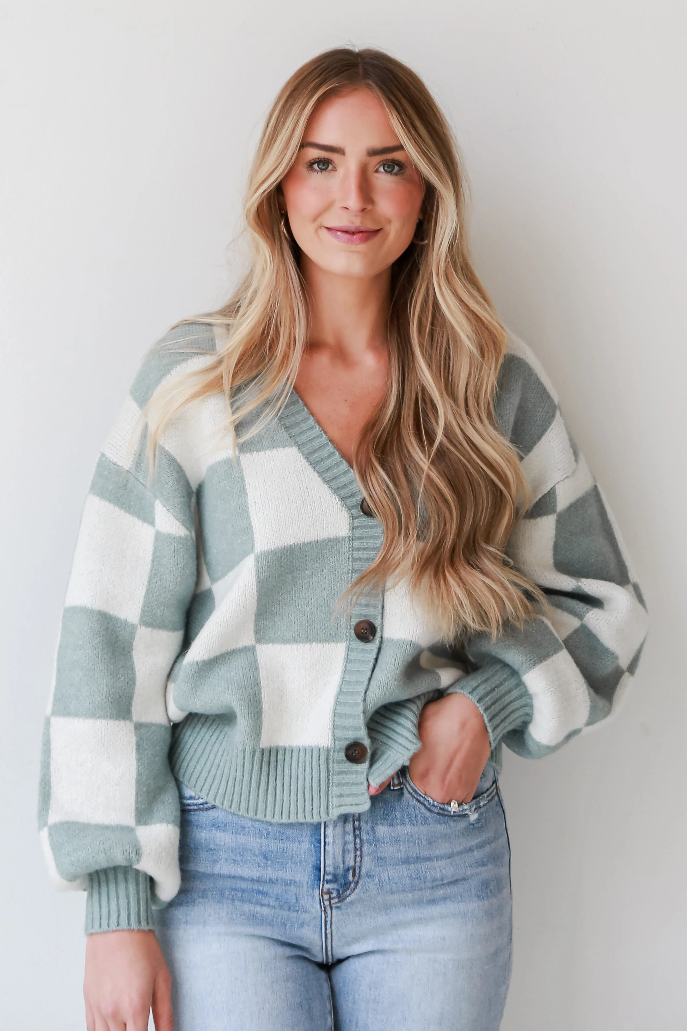 FINAL SALE - Victoria Sage Checkered Sweater Cardigan - DOORBUSTER