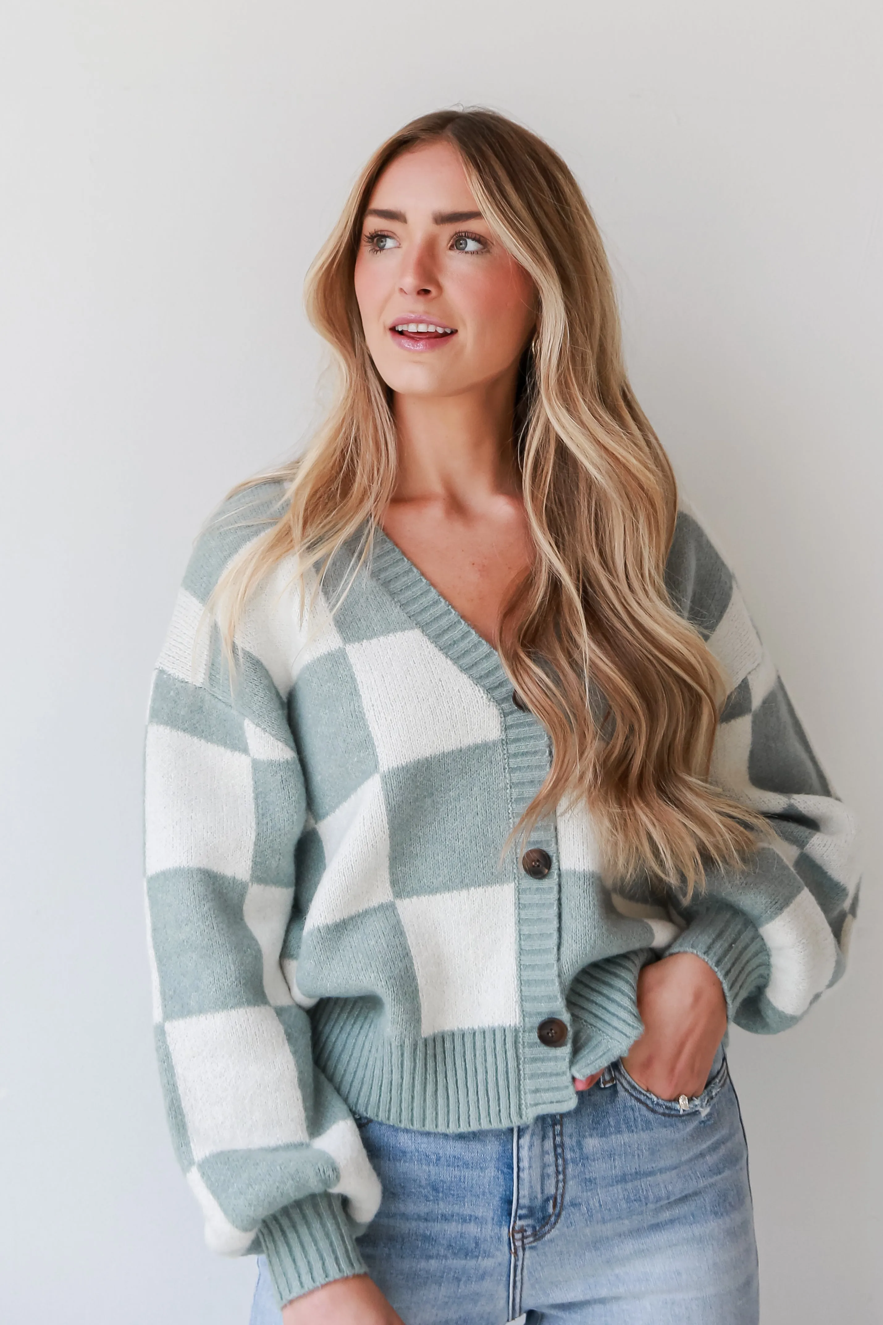 FINAL SALE - Victoria Sage Checkered Sweater Cardigan - DOORBUSTER