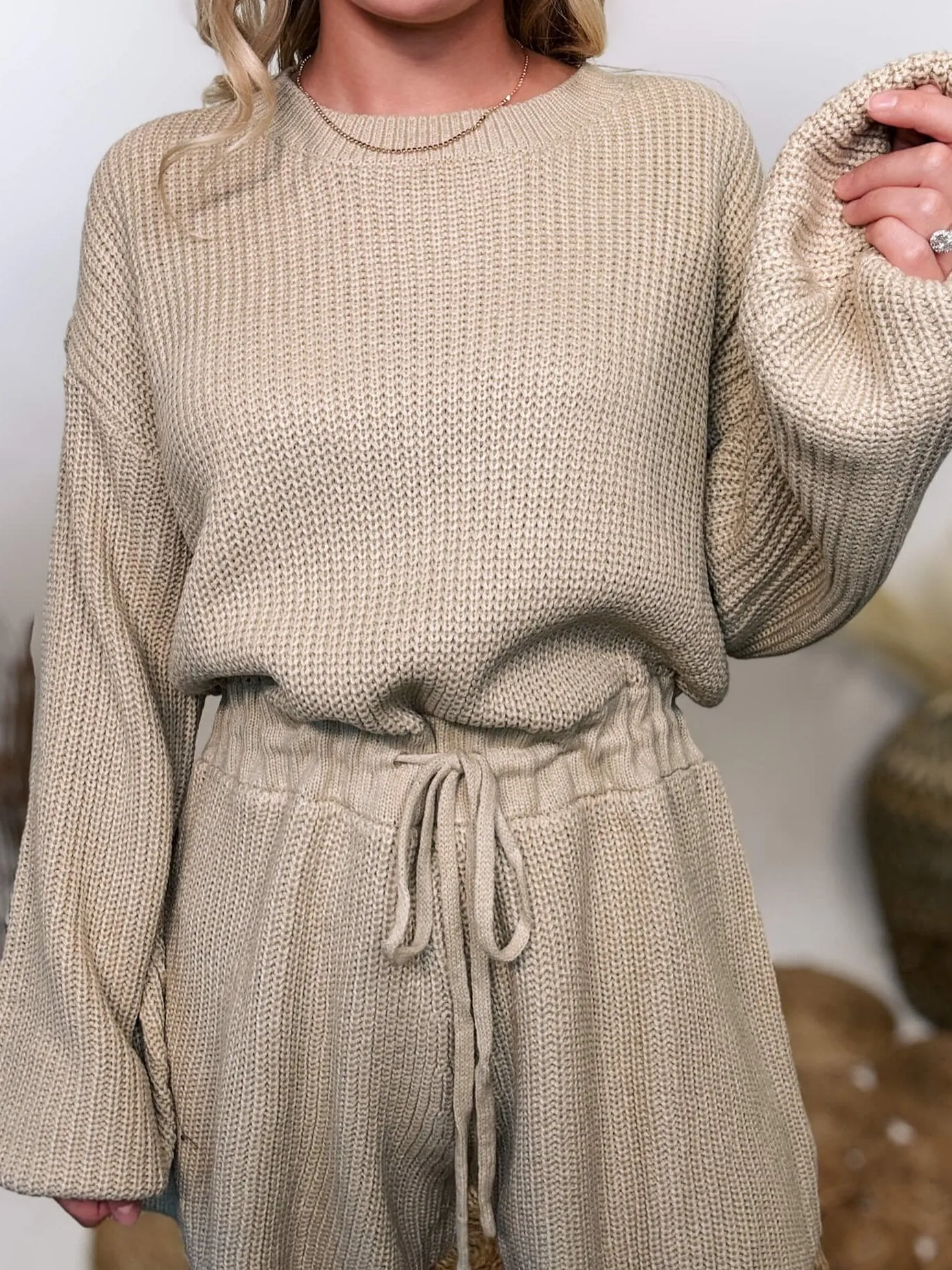 FLASH SALE - Taupe Long Sleeve Sweater Romper with Drawstring Waist