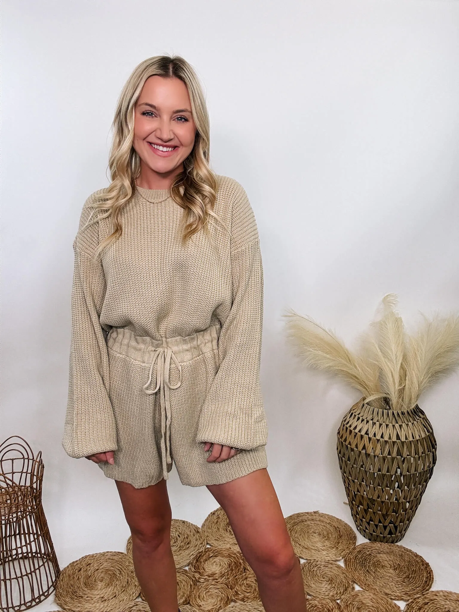 FLASH SALE - Taupe Long Sleeve Sweater Romper with Drawstring Waist