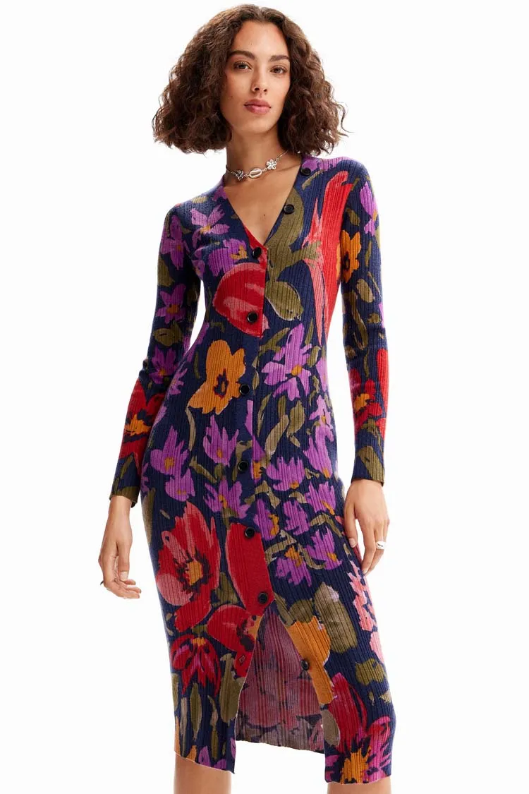 Floral Knit LS Midi Dress in Purple | FINAL SALE