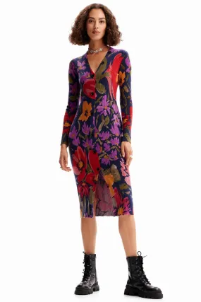 Floral Knit LS Midi Dress in Purple | FINAL SALE