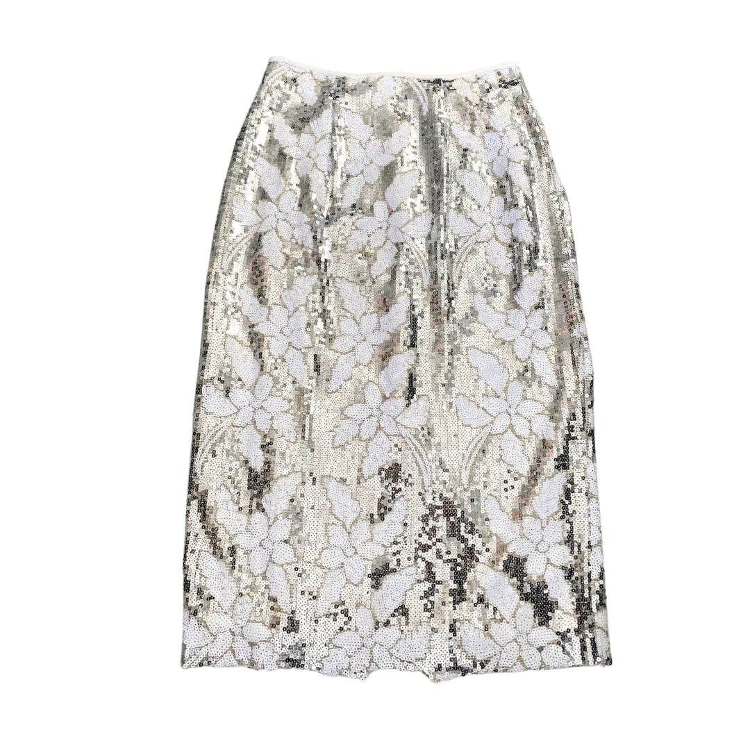 Flower Sequin Pencil Skirt Silver SIZE S