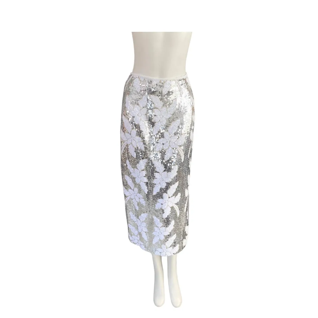 Flower Sequin Pencil Skirt Silver SIZE S