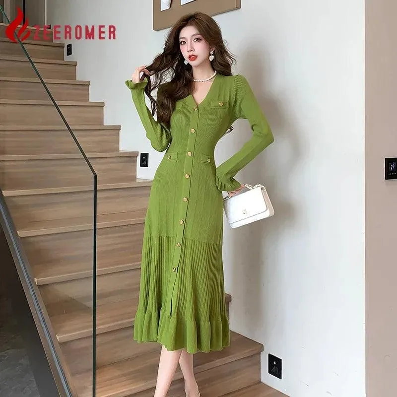 French Fashion Green Knit Dress: Stylish Sweater for Elegant Events