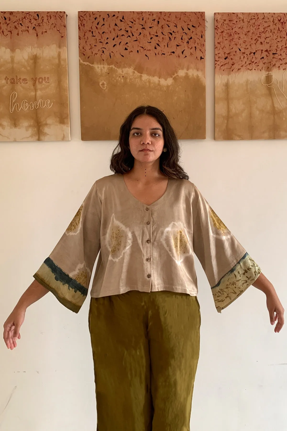 Ghera- Natural Dyed Handwoven Mashru Crop Shirt- Beige