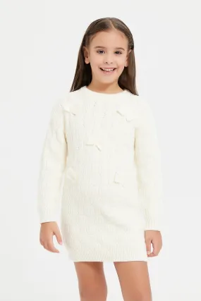 Girls Beige Sweater Dress With Bows