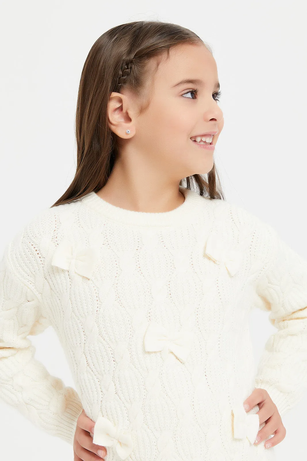 Girls Beige Sweater Dress With Bows