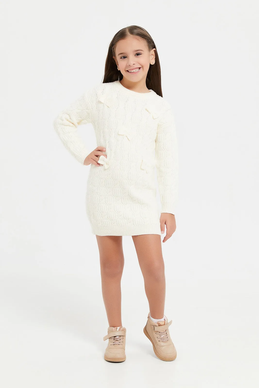 Girls Beige Sweater Dress With Bows