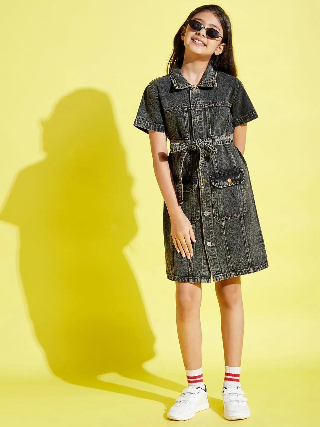 Girls Black Acid Wash Front Button Denim Shirt Dress