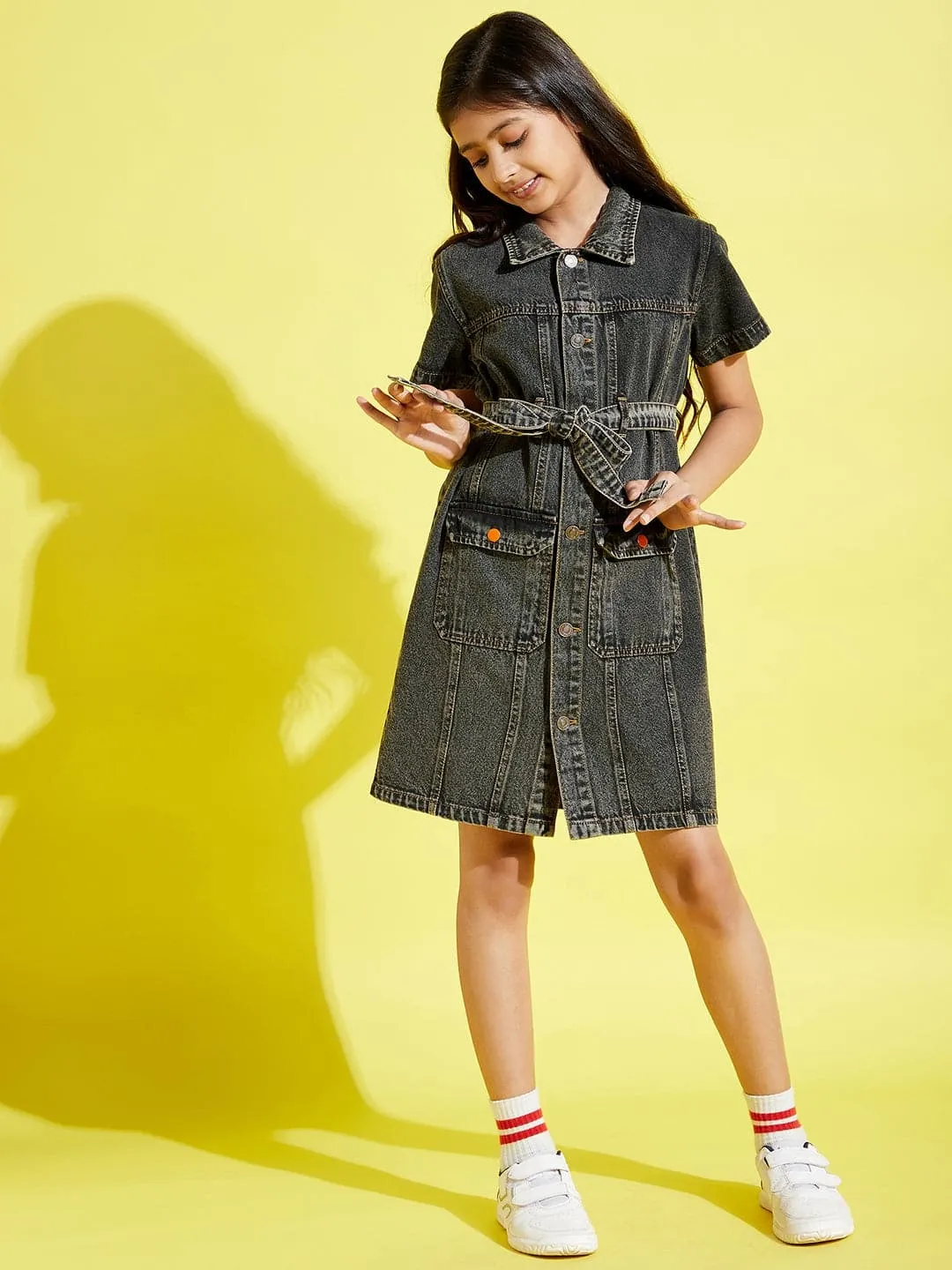 Girls Black Acid Wash Front Button Denim Shirt Dress