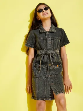 Girls Black Acid Wash Front Button Denim Shirt Dress