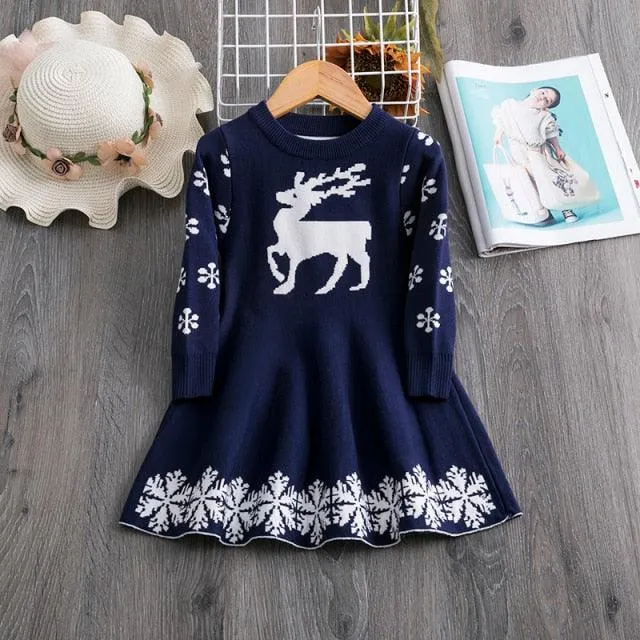 Girls Christmas Dress Knitting Sweater Dress for Girls Winter Dress Autumn Full Sleeve Elk Deer Printing Girl Clothes New Year