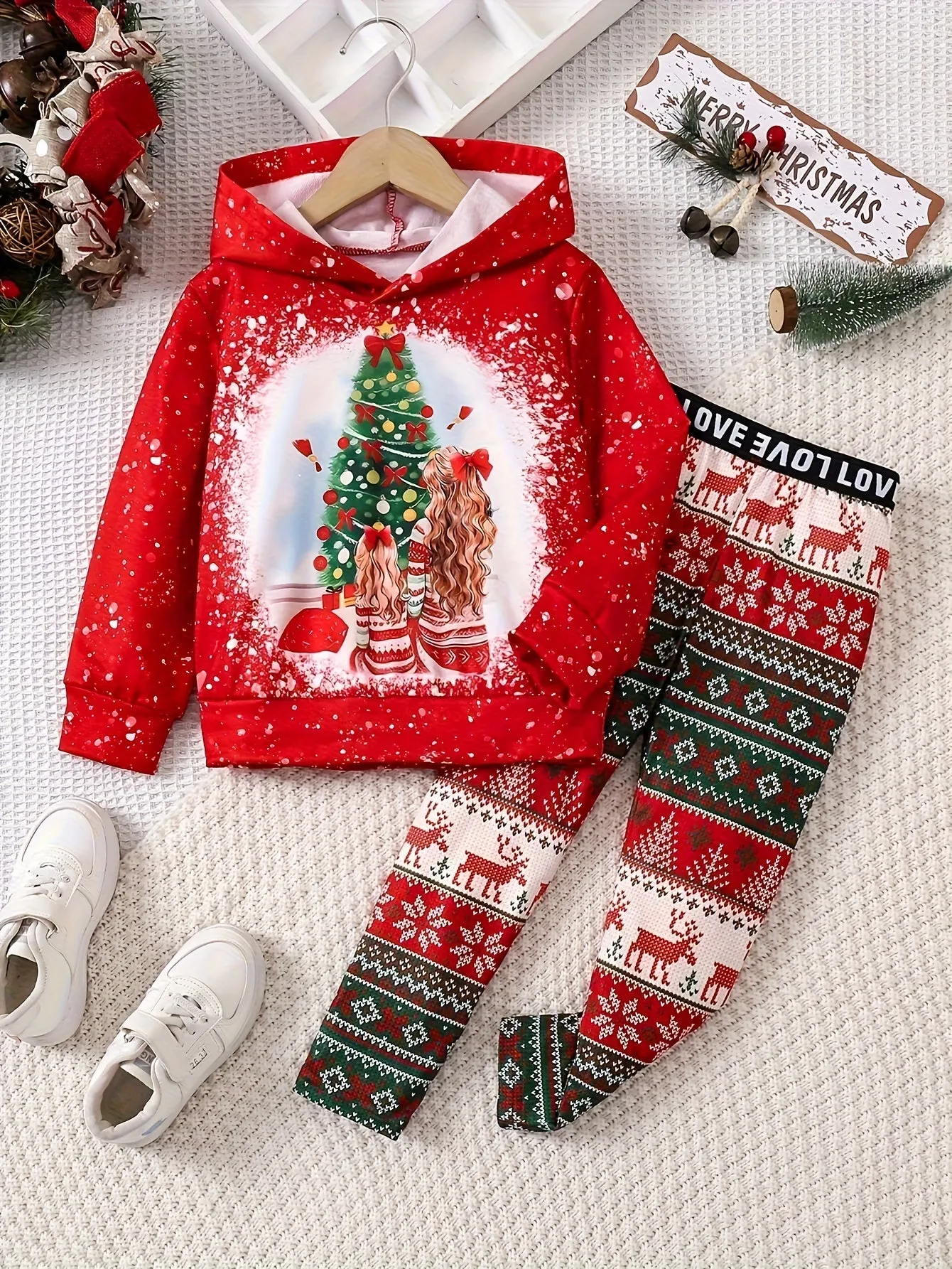 Girls' Christmas Hoodie and Leggings Set, Cartoon Graphic, Polyester Blend, Stretch Knit, Long Sleeve, Regular Fit, Seasonal Fashion Outfit for Kids, for Outdoor