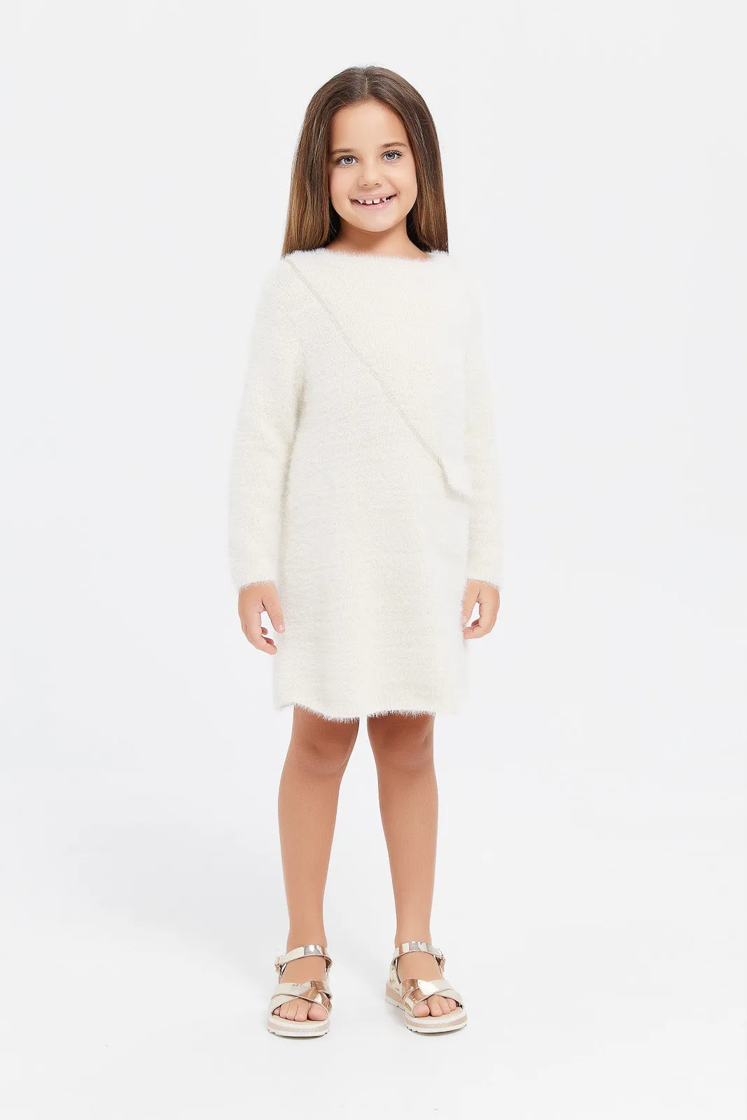 Girls Cream Sweater Feather Dress