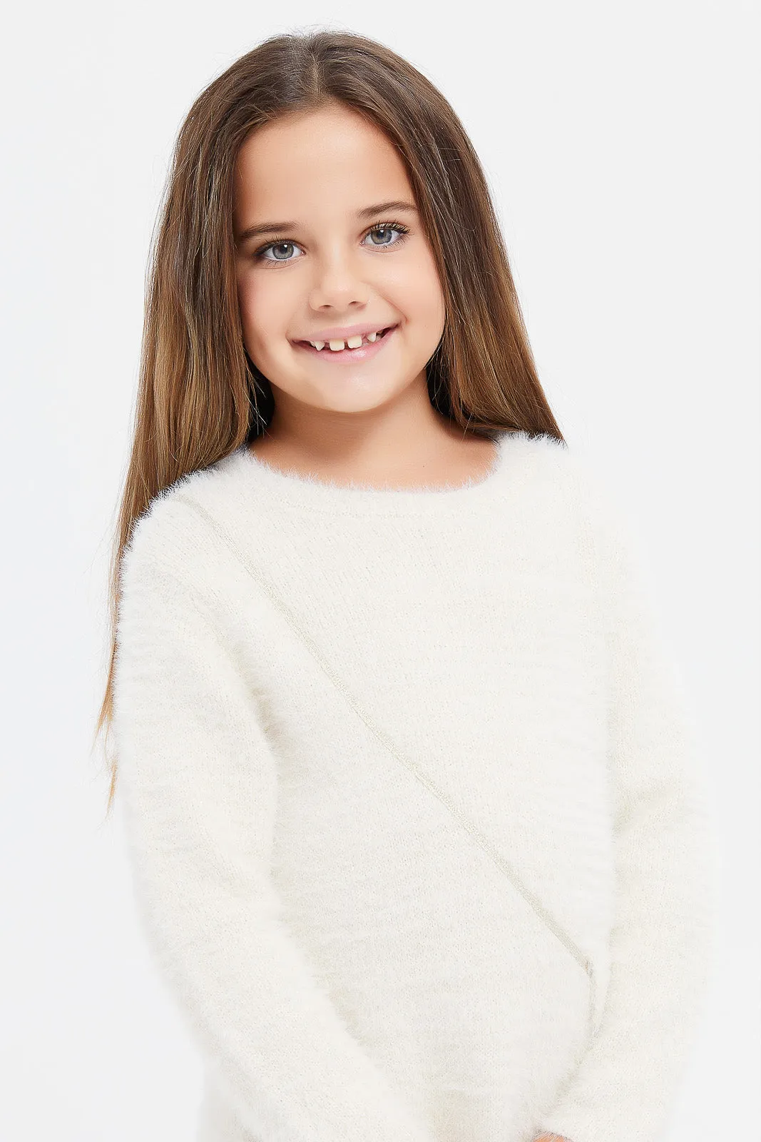 Girls Cream Sweater Feather Dress