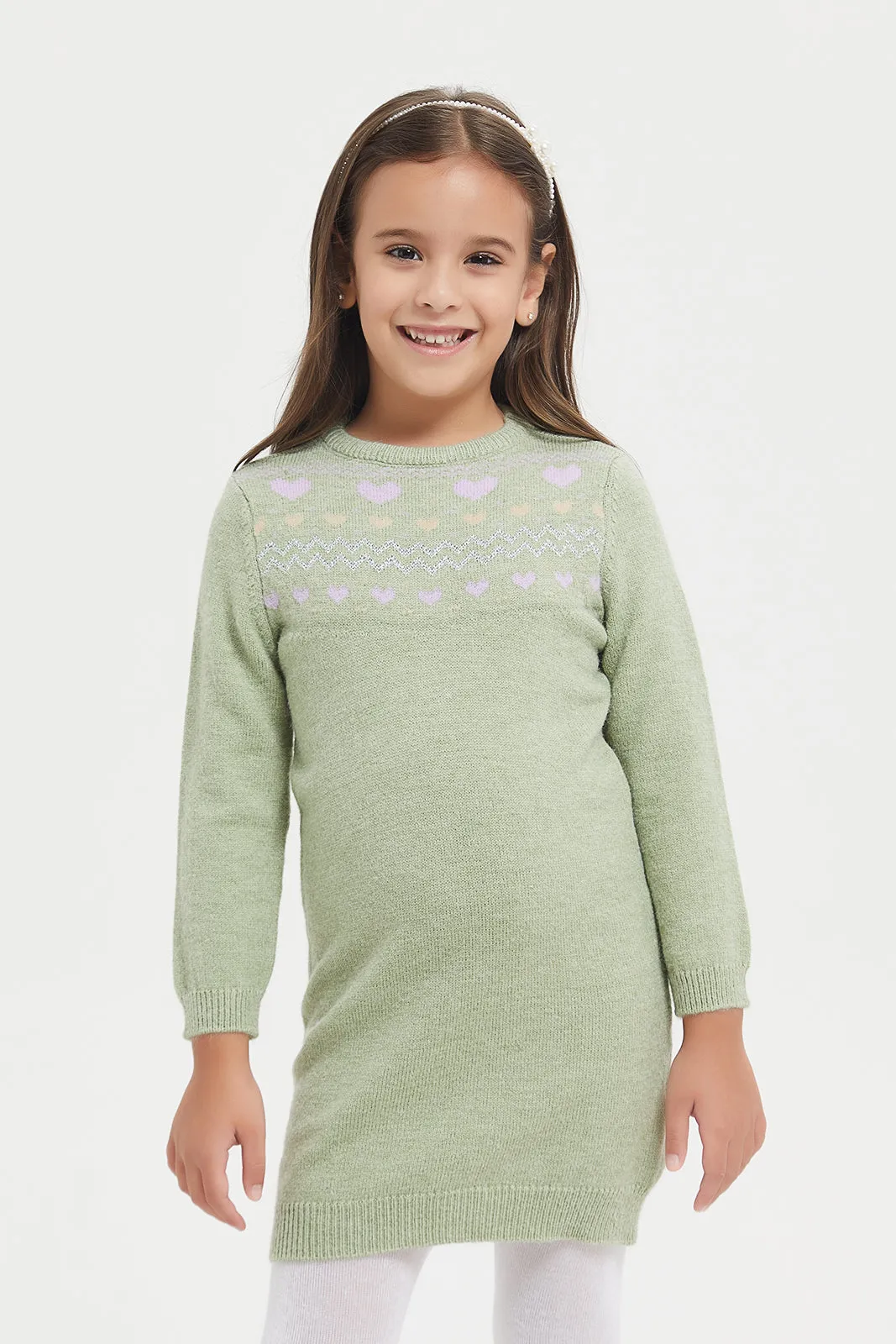 Girls Green Sweater Dress With Stocking (2 Piece)